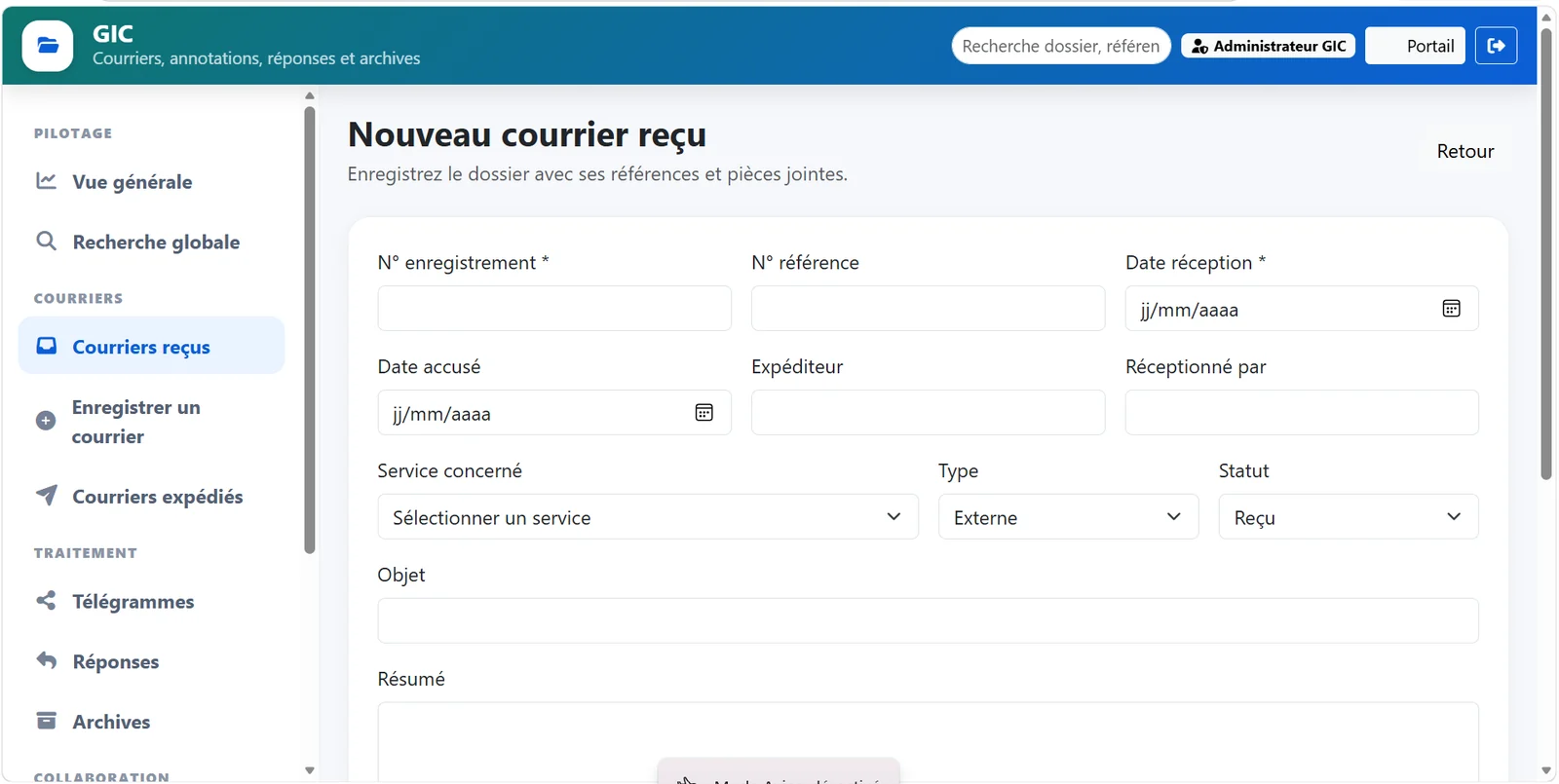 Formulaire nouveau courrier reçu GIC
